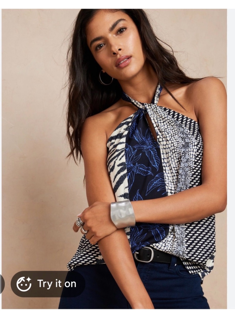 Banana Republic Factory Navy and White Halter Neck Printed Top